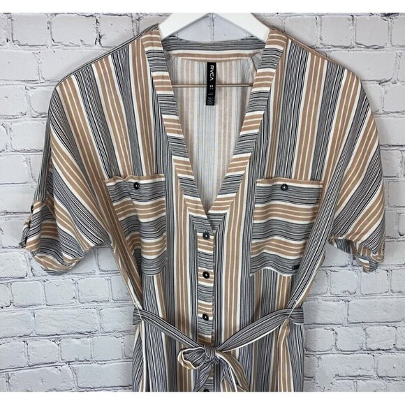 RVCA Womens' Tan Black White Circus Striped Midi Shirt Dress Size XS - Picture 2 of 8